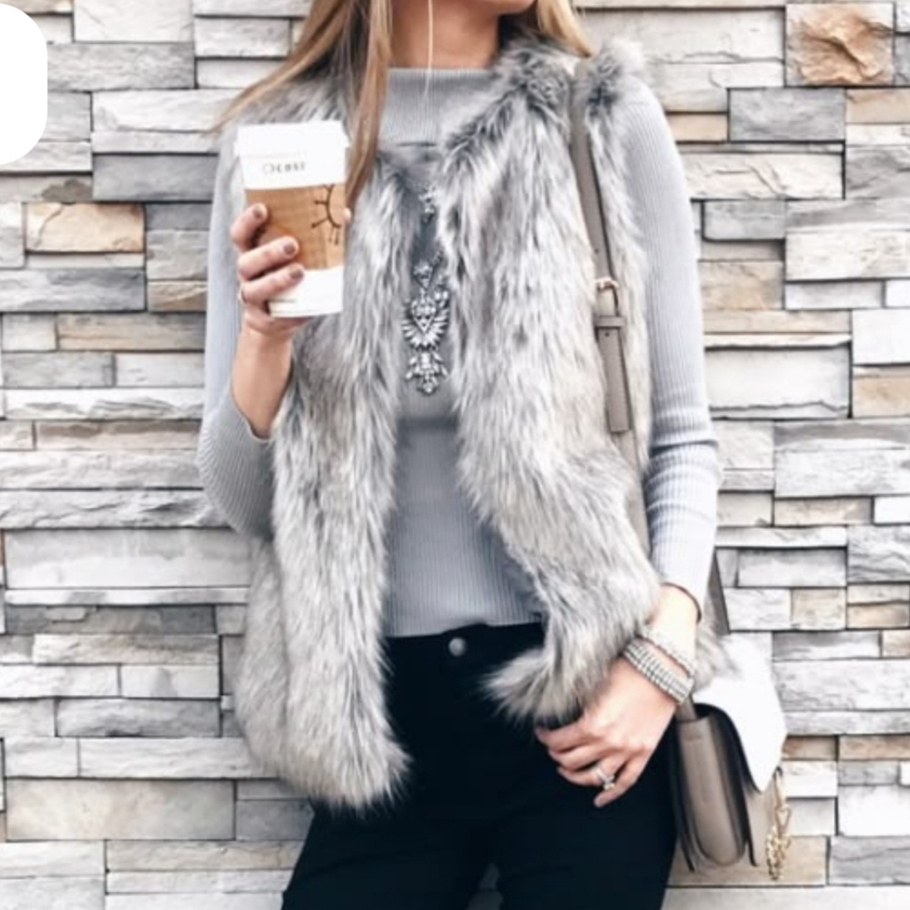 Rachel Zoe Gray Faux Fur Luxe Vest Black Tipped Plush Statement Layering L LARGE